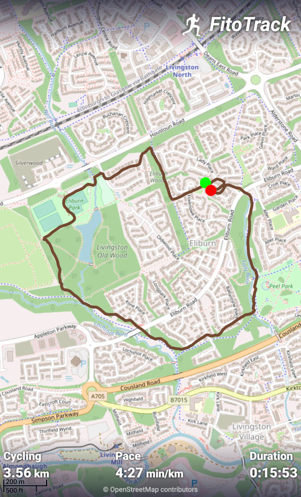 Today’s FitoTrack workout summary with the map provided by OpenStreetMap contributors