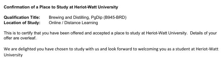 Offer letter from Heriot-Watt University