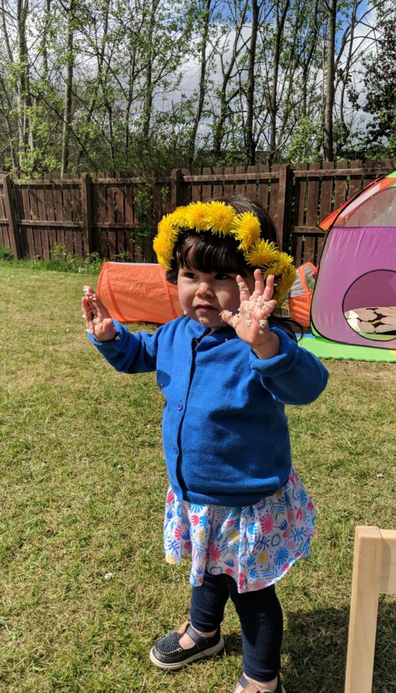 A 2 year old girl, wearing a blue cardigan and dandelion crown, stands with her hands up, all covered in rice from onigiri