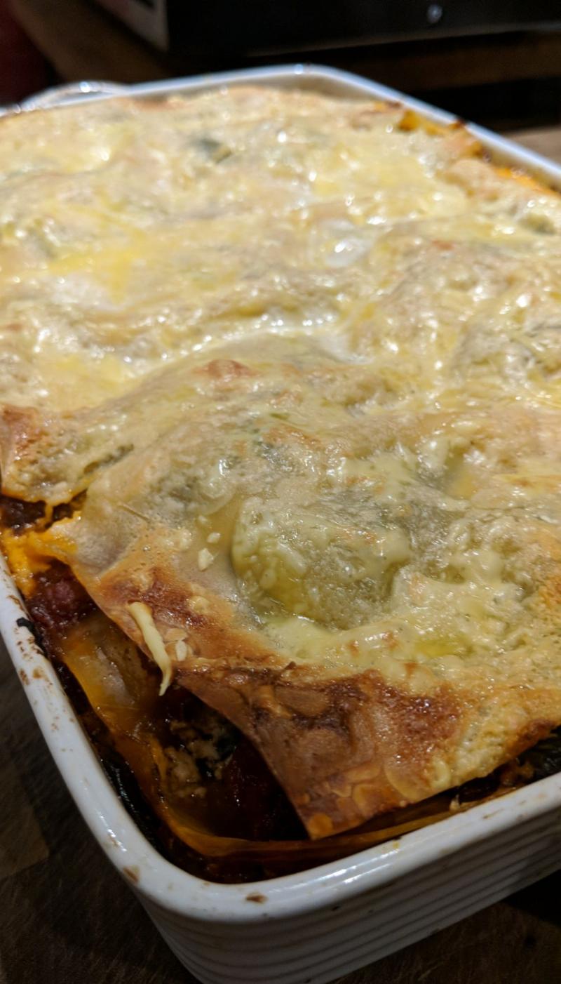 A whole, home-made vegan lasagne, just out of the oven.