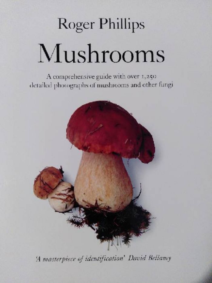 A white book cover with a large and a small bolete mushroom atop some woodland foliage.  the stems are bulbous and beige whilst the caps are brown.  The text is black and says "Roger Phillips - Mushrooms - A comprehensive guide with over 1,250 detailed photographs of mushrooms and other fungi". There is also a quote by David Bellamy "A masterpiece of identification"