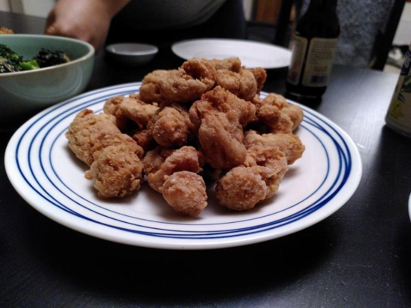karaage! deep fried, marinated and battered soy meat.. these are awesome.