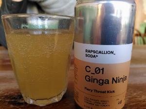 オレンジ色の発泡性飲料が入った、背の低いガラスのタンブラーのクローズアップ。 グラスの右側には、白とオレンジのラベルが貼られた金属製の缶があり、黒い文字で「Rapscallion Soda - C_01 Ginga Ninja - Fiery throat kick」と書かれている。