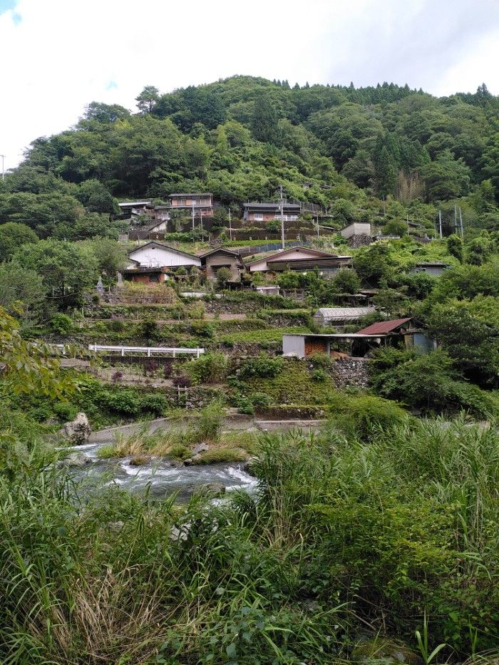A small cluster of houses built at varying levels up a tree covered hill, with a river running by below.