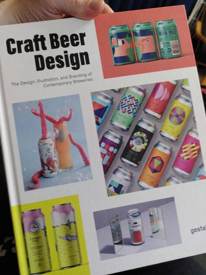 A primarily white book cover with splashes of colour provided by photos of beer can collections.