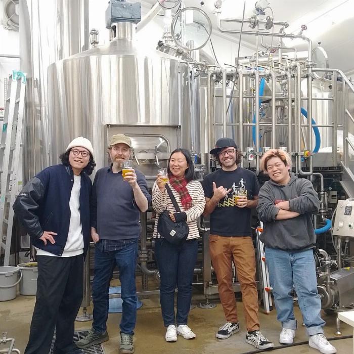 in brewery shot of 5 people, the Setouchi Beer crew, my wife and I.